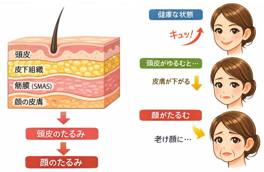 頭皮と顔の皮膚はつながっています – 頭皮のたるみが顔のたるみに